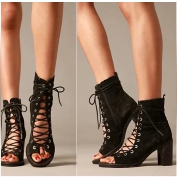 Jeffrey Campbell Cors Lace Up Suede Booties Womens Size 7 Black Block Heels Boho - Picture 1 of 11